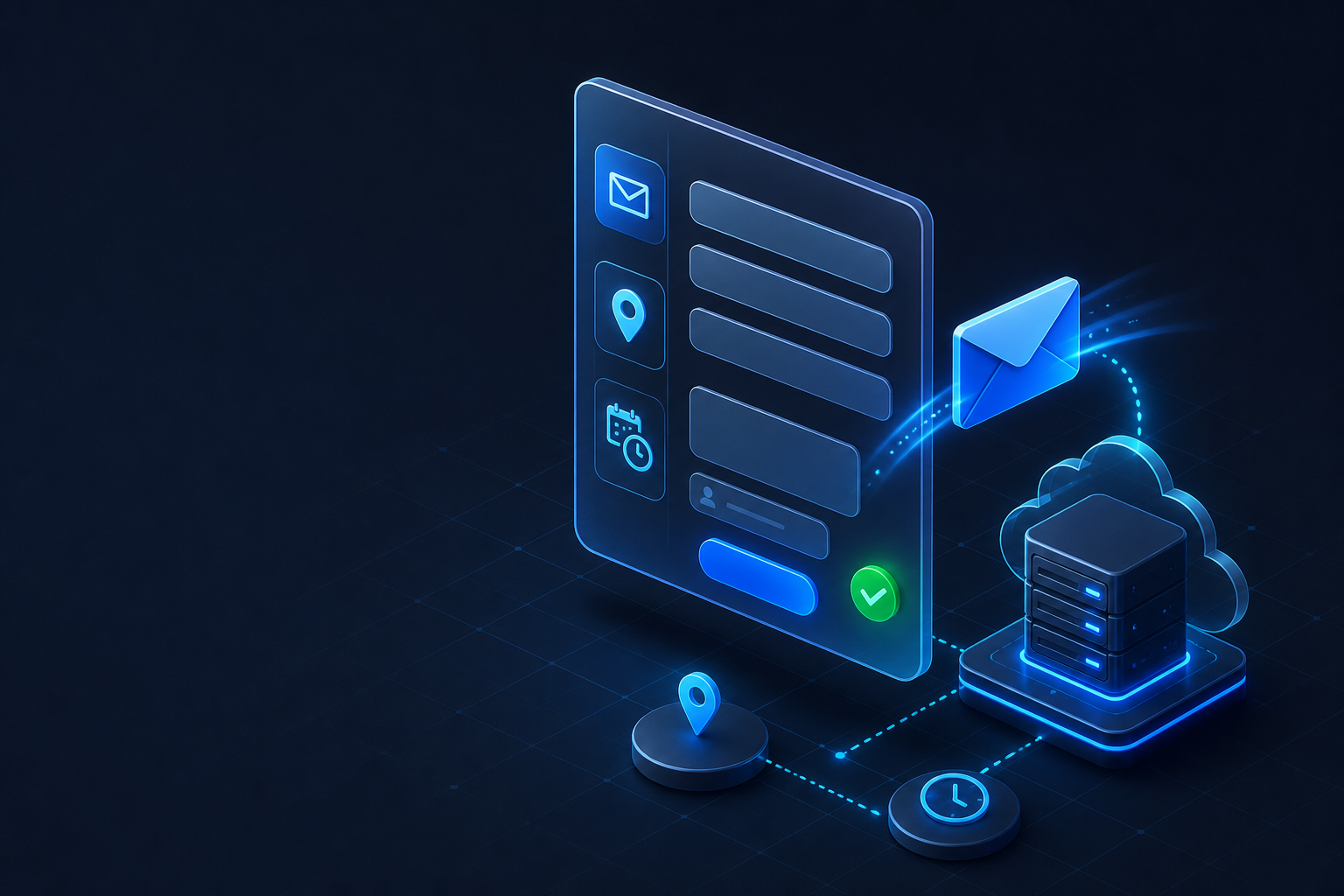Formulario de contacto digital conectado con email, ubicación y servidor seguro